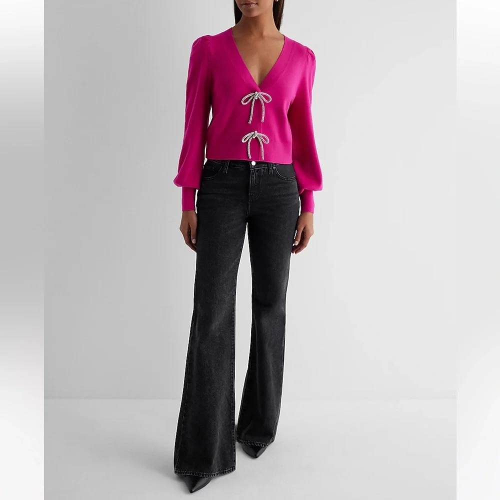 EXPRESS Vibrant Pink Sweater with Bow Accents - Picture 2 of 5